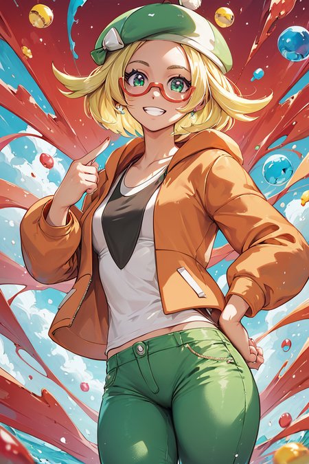 score_9, score_8_up, score_8, medium breasts, (curvy), cute, eyelashes,       BREAK, , ,,, zzBianca, blonde hair, short hair, green eyes, green hat, glasses, orange jacket, white shirt, green pants, <lora:Bianca_Pokemon_PDXL:0.8>,    ,,,, BREAK, <lora:Hyperdriver_PDXL_v5:0.8>, ,,, BREAK, smile, looking at viewer, cowboy shot, embedding:zPDXL,