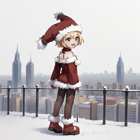 , cheek, fur-trimmed boots, 1girl_Witch, arched back, fur-trimmed headwear, Look here, white  background, 1girl_witch, solo, fur-trimmed dress, bare shoulders, red footwear, pantyhose, fur-trimmed sleeves, smile, open mouth,fur-trimmed red clothes, full body, outdoor,city,anime,animation,