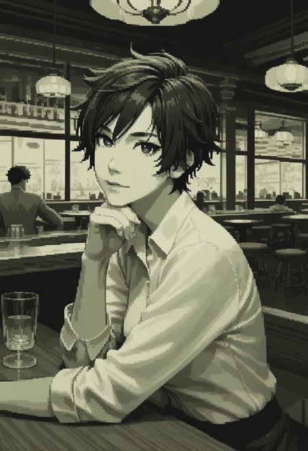 score_9, score_8_up, 
green theme, monochrome, pixel, source_anime, bold lines, flat colors,
beautiful, restaurant, bar, modern,
looking at viewer, pretty eyes, Expressiveh, 
dark eyebrows, medium breasts,
tomboy