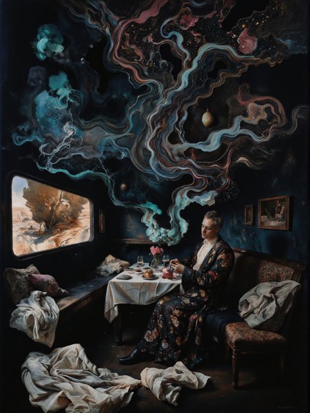 Color Field Painting <lora:AS_3:0.6>, low-angle view, Greek, water theme, white-toned photo of an abyssal adult punk clothed feathered pouting an expeditionary force dining in a bright decrepit Car Park, intricate black and teal and copper Voronoi details, eldritch, ethereal, billowing dark dust, very detailed, ground fog The background is a dark marbled art paper with indigo and pink and brass long swirling light trails made of stone glass. <lora:flux.1_lora_flyway_Epic-detail_v2:0.55> <lora:flux_realism_lora:0.35> <lora:Midjourney_Whisper_Chromaplex_Velvet_Myst_v01:0.25> <lora:di-filigree-relief_v10-11:0.25>