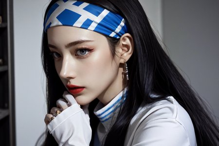 highly insanely detailed, masterpiece, top quality, best quality, highres, 4k, 8k, RAW photo, (very aesthetic, beautiful and aesthetic),  
beth_\(megami_tensei\),bethsmtii,shin megami tensei ii,long hair,black hair,straight hair,sleek black,jewelry,cross,headband,red_lipstick, 
<lora:zs_Beth:1>, 
(1girl:1.3), 1other, 
prison cell,âââ