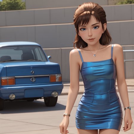 <lora:laetitia_pony_v1:.8>LaetitiaSecurity, 1girl, blue eyes,  brown hair, cowboy shot,  <lora:0878 Laser nightclub skirt_v1_pony:1> ruanyi0878,blue dress,short skirt, skirt,