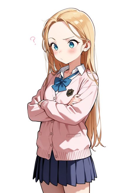 Score_9, Score_8_up, Score_7_up, Score_6_up, Score_5_up, Score_4_up, (masterpiece, best quality:1.2), soft_lighting, soft_skin_tone, 
BREAK
1girl, sashachan, blonde hair, long hair, cardigan, school uniform, pleated skirt, curious, one eyebrow raised, arms crossed, 
BREAK 
white background, simple background