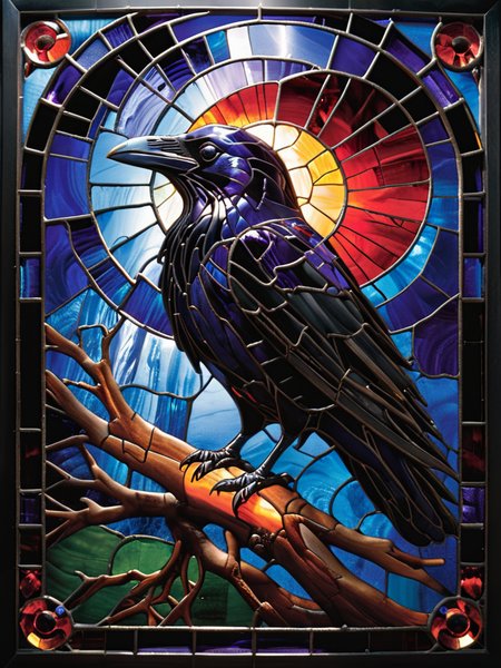 stained-glass artwork of a raven, dark background <lora:KidsStorybookStainedGlass:0.7>
