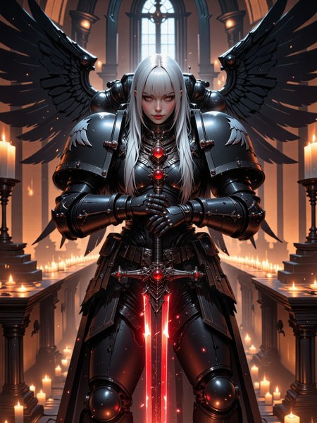 large symmetrical wings, dense metallic feathers, dense mechanical wings, raveng40k, masterful cinematic photograph, highly detailed, dark gothic sci-fi, warhammer 40k, highly aesthetic, intricate and ornate, dramatic, dim and moody lighting. a stunning female albino raven guard space marine stands within the towering gothic interior of an ancient fortress monastery, the dimly lit chamber is lined with countless candles, their flickering flames casting elongated shadows across the towering stone columns and the intricate, skull-adorned architecture, the oppressive atmosphere is filled with an eerie, solemn reverence, faint embers of red light dance across the dark stone walls, hinting at an ominous presence. in the foreground, the warrior holds a legendary black blade with an ornate cross-guard, its deep obsidian metal gleaming with a crimson sheen, the blade's edge glows red hot, as if it was just taken out of a furnace, a massive eye-shaped ruby is set within the cross-guard, glowing with an ancient and sinister energy, the radiant gemstone casts a faint red glow onto the surroundings, the massive gothic hall extends into the distance behind her, fading into darkness, only faintly illuminated by the sea of candlelight. the female albino raven guard stands tall and poised, exuding quiet confidence and an air of enigmatic power, she grips the swordâs handle firmly, as if contemplating the weaponâs true nature, her stance is both regal and prepared. her pale, flawless skin contrasts starkly with the gothic black armor enveloping her, her long, immaculate white hair cascades neatly past her shoulders, with precise bangs framing her face and delicate side bangs softening her severe yet beautiful features, her glowing red eyes are piercing and otherworldly, reflecting the dark energy of the ruby embedded in her weapon, a faint, knowing smile plays on her lips, as if she understands the bladeâs malevolent whispers yet remains in control. medium full shot, slightly low angle, making her appear imposing and powerful, her dark mechanical wings extend from her jetpack, their massive, angular design blending into the gothic aesthetic of the environment, creating a silhouette of celestial darkness. dramatic chiaroscuro lighting, the warm, golden candlelight flickers against the cold metallic sheen of her armor, creating a striking contrast, the rubyâs ominous glow interacts with the dim environment, casting ethereal red reflections on nearby surfaces, subtle mist swirls at her feet, catching the crimson light, enhancing the foreboding atmosphere. photographed on a full-frame digital sensor with a cinematic depth of field, ultra-sharp detailing on the textures of her armor and the intricate engravings on her sword, subtle film grain for added realism, high dynamic range capturing the interplay of warm and cool lighting, immersive and atmospheric composition, every detail rendered with hyper-realistic precision, leading lines, mythp0rt, fictionalfiona, <lora:raven_guard-warhammer_40k-flux-by_velvets:0.88> <lora:style-mythic_fantasy-v2-flux-by_velvets:0.68> <lora:fiona-character-flux-by_meower2024:0.6>