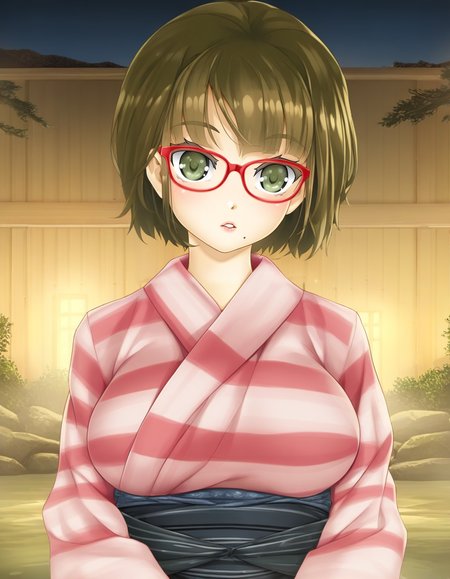 tsukioka karen, dark green eyes, dark brown hair, mole under mouth, red-framed eyewear, short hair, large breasts, verticle-striped pink kimono, black sash, onsen, parted lips, solo <lora:Biman Adam-000063:1>