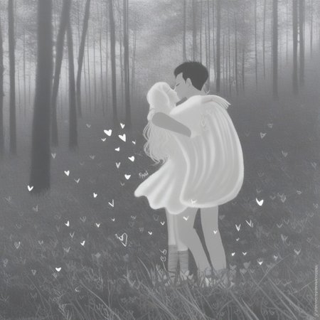 ral-vltne, Valentine's day beautiful scene, man and woman couple, vivid, intricate, embrace, happy, joyful, cupid in the distance, couple kissing, seen from afar, forest, silhouettes, black silhouettes, hearts, heart shaped outer border