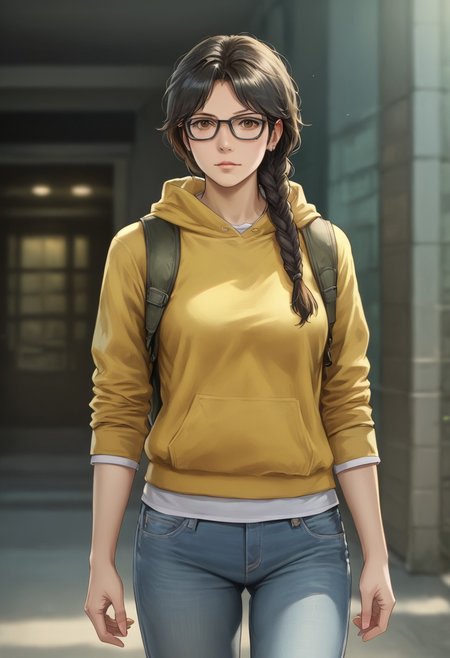 Score_9_up, score_8_up, score_7_up, source_realistic, BREAK 1girl, valerieharmon, black hair, braid, hair over shoulder, glasses, brown eyes, hoodie, hood down, backpack, denim pants,