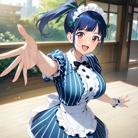 ami_tsuruga, red eyes, blue hair, ponytail, long hair, large breasts, maid outfit, striped outfit, blue outfit, cowboy shot, 1girl, solo, portrait, smile, open mouth, hand reaching out, <lora:XL-AmiTsuruga:1>, (masterpiece),(best quality),(ultra-detailed),(best illustration),(best shadow),(absurdres),(detailed background),(very aesthetic),