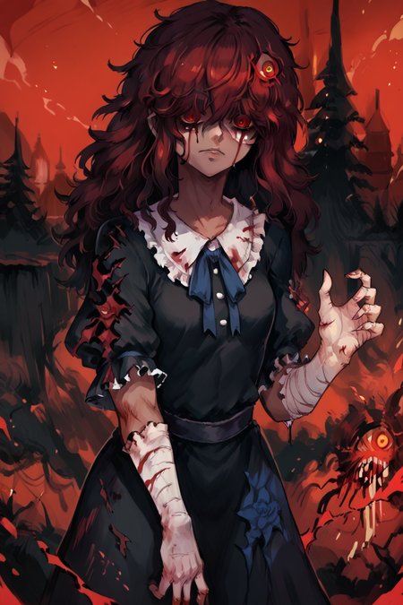 score_9, score_8_up, score_7_up, score_6_up, score_5_up, source anime, ((dark skin)), looking at viewer, realistic background, asymmetrical room, night, outdoors, cliffs, mountains, standing,  (cowboy shot), evil smile, (solo), multicolored hair, red hair, white hair, messy hair, wild hair, long hair, hair over eyes, red eye,   bloodstained hair, scar, burn scars, burned face, bloodstained dress, injured, wounded, bloody, (horror), zombie, corpses, grimdark,  <lora:f3nn3rXLP:0.9> , f3nn3r, red, black, (trippy),  <lora:h3ll1shXLP:0.9> , h3ll1sh, small breasts,  <lora:LFashionPDXL:0.8> , zzLFashion, black frilled dress, frills, bow, black dress, pantyhose,
