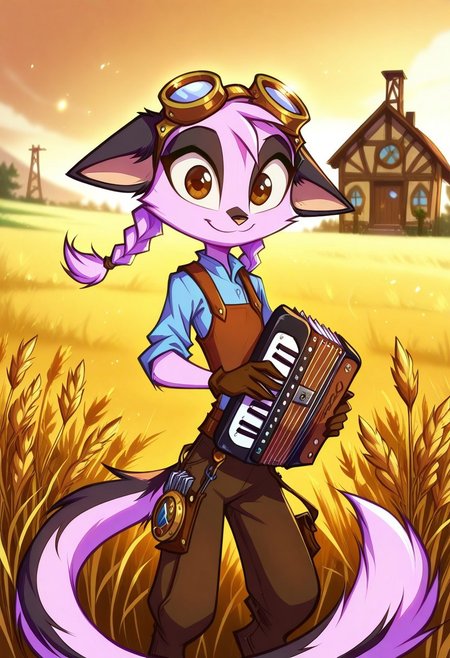 Dreamkeepers,1girl,Prelude_Vi,solo,furry,tail,source_furry,hazel eyes,
child, kid,
masterpiece, best quality,  long hair, twin braids, farmer outfit,(steampunk), goggles, googles on head, bag, wheat field, outdoors, wind, accordion, holding instrument, playing instrument, gloves, wheat, sunset, farm, house, scenery, landscape, blurry, blurry background, looking at viewer,  smile