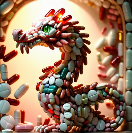 pills dragony with pills, beautiful lighting and framing, a very detailed masterpiece <lora:pills:1>