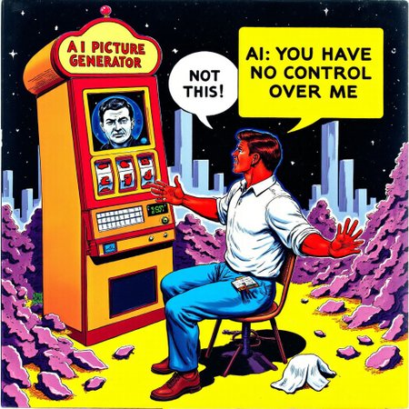 Side view man sits in front large tall slot machine without reels named:"AI picture generator",its screen has half clear half deformed picture. The man is in angry shouting ,  at the slot machine position, his face is red with anger arms spread  with palms open, above him speech bubble text :"Not THIS!". From his pants side pockets falls white towel to the floor,
From the machine squire message box yellow on black  aidmaTextImprover with text:"AI: you have no control over me". piles of broken pictures encircle, background piles of broken pictures incomplete pictures , 1950s pulp art style
, Perfect hand, aidmaTextImprover