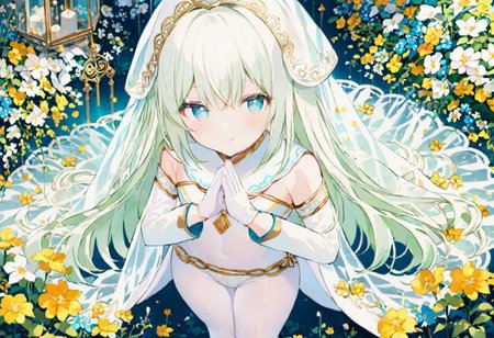 Best quality, masterpiece, fantasy flower garden, view from above, one petit priestess girl with flat chest, shining hands bound in prayer, standing upright, detailed light green long loose hair, priestess' veil, cute smooth face, gentle smile, detailed light blue eyes, detailed make up, jewelry, pure white clothes, shawl, white turtleneck leotard with long sleeves and gloves, slim waist, slim belly, thick clavicle, micro skirt, thick hips, thick thighs, white tights, heels