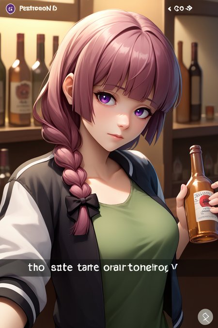 score_9, score_8_up, score_7_up, BREAK, 1girl, solo,  breasts,  <lora:snapchat-guy-PONYv1:.95>, snapchat,  <lora:bocchi_hiroi_ponyXL:1> hiroi kikuri, single braid, hair over shoulder, hair bow, purple eyes, two-tone jacket, black jacket, white jacket, open jacket, green dress, holding bottle, alcohol, bar