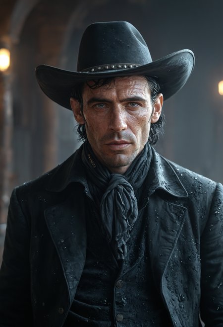 ugly shabby, beggar poor american gambler cowboy 35 years old pale man from american 1890s, black hair, highly detailed, digital painting, splash art., art by greg rutkowski and artgerm, soft cinematic light, adobe lightroom, photolab, hdr, intricate, highly detailed, (depth of field:1.4), <lora:Dark_Futuristic_Circuit_Boards:1>, dark futuristic