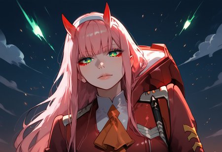 masterpiece, best quality, highly detailed, score_9, score_8_up, score_7_up, score_6_up, 1girl, zero two, (green eyes:1.5), hairband, horns, long hair, pink hair, red horns, white hairband, glowing eyes, red jacket, closed jacket, military uniform, oni horns, orange ascot, looking at viewer, falling from sky, epic background, dark background, evil background