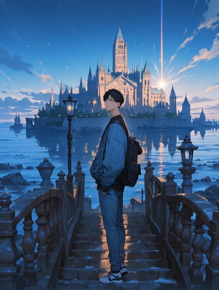 KageyamaTobioCYQL,<lora:KageyamaTobioCYQL:1>,1boy,male focus,solo,black hair,black eyes,Denim jacket, Crewneck sweatshirt, Chinos, Canvas sneakers, Crossbody bag, Wayfarer sunglasses,kind_smile,looking_at_viewer,
BREAK
scenery,sky,outdoors,cloud,day,bluesky,arch,fantasy,building,sunlight,tower,church,architecture,lightrays,cloudysky,water,flag,castle,city,lightparticles,statue,pillar,banner,rainbow,bridge,lensflare,sciencefiction,watercraft,sunbeam,airship,cityscape,stairs,light,ruins,standing,window,star(sky),ship,skyscraper,shadow,column,reflection,bird,ocean,glowing,frombelow,verywideshot,night,bluetheme,dutchangle,aircraft,gate,realistic,starrysky,boat,realworldlocation,clocktower,indoors,blurry,road,fire,lamppost,wind,conceptart,wideshot,snow,colorful,rock,flying,reflectivewater,sun,railing,
BREAK
usnr,748cmstyle,<lora:USNR STYLE_XL_loha:0.45>,<lora:DarkerThanBlackIllustrious:0.5>,<lora:spo_sdxl_10ep_4k-data_lora_webui:0.6>,<lora:illustrious_all_rated_v1:0.7>,<lora:748cmSDXL:0.8>,<lora:illustrious_quality_modifiers_masterpieces_v1:0.9>,
perfect quality,high quality,masterpiece,best quality,amazing quality,very aesthetic,absurdres,newest,