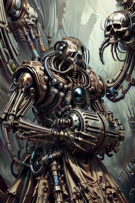 ((masterpiece,best quality)), absurdres, BREAK
mechanical arms, robes, hood, BREAK
((techpriest)), cyborg, mechanical face, mechanical limbs, gas mask, mechanical tentacles, (mechanical backpack), blue cloak, BREAK
1other, solo, holding skull, BREAK
(BoneyardAI),