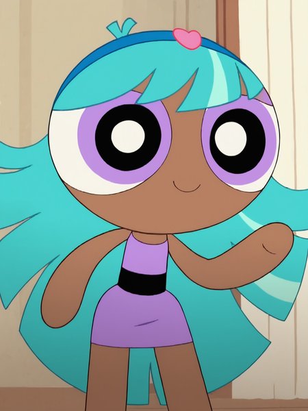 score_9, score_8_up, score_7_up,  score_6_up, BREAK, PowBlisstina, 1girl, solo, aqua hair, dark-skinned female, chibi, purple shirt, striped shirt, smile, upper body, raise one hand, waving, looking at viewer  <lora:Blisstina:1>