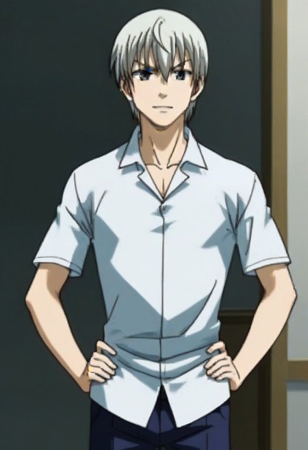 ((masterpiece)), ((best quality)), ((ultra-detailed)), ((absurdres)), score_9_up, score_8_up, score_7_up,
HD, top quality, best quality, amazing quality, High-quality illustrations, anime screencap, source_anime, best aesthetic, perfect proportions, perfect eyes, 1boy, 1male, solo boy, solo male, male focus, solo male focus, Anime, boy, male anime character, anime boy, handsome, attractive, cute, charming, sexy, hot, ((tall, tall body, tall height)), ((lean body, slim body)), easynegative, Expressiveh, neghands, updn, Takayuki Furuichi, white-silver hair, black-grey eyes, white polo shirt, short sleeves, untucked, blue pants, ((cowboy shot, head to hips shot)), hands on hips