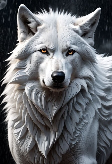 white and black wolf, sad, determined. lonely wolf, abandoned by his friends, tears in his eyes, looking at his friends from far away, (((howling))), extremely sad composition, masterpiece,  white fur, Royal, in a heavy rain, full moon, it's head is down, Photorealistic, volumetric shading, Hyperdetailed, perfect composition, beautiful detailed, 8k artistic photography, volumetric cinematic perfect light, award - winning photograph,