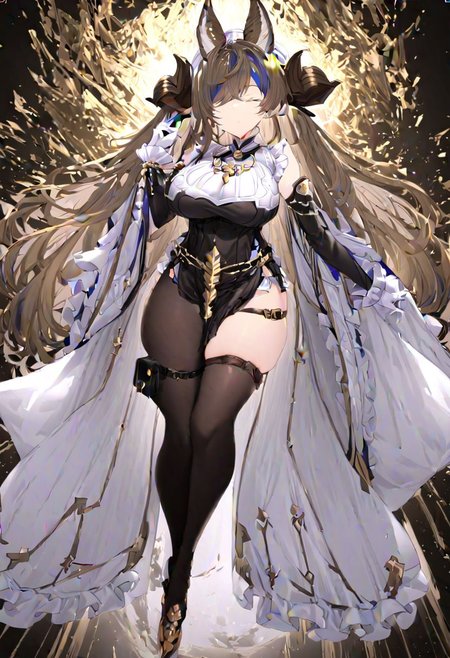 masterpiece, best quality, ultra-detailed, beautiful, nai3, 1girl, solo, full_body, tachi-e, 
galleondef, horns, closed eyes, dress, white gloves, frills, detached sleeves, frilled sleeves, thighhighs, thigh strap, pelvic curtain