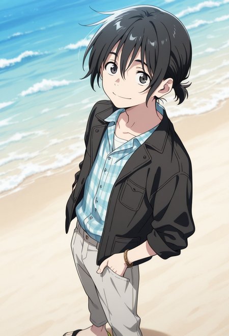 masterpiece,best quality,amazing quality, source_anime, 
MioChibana, solo, black hair, sandals, shirt, plaid shirt, pants, hand in pocket, jacket, grey pants, smile, looking at viewer, male focus, 1boy, plaid, standing, open clothes, closed mouth, black eyes, bracelet, black jacket, sleeves rolled up, short ponytail, beach,