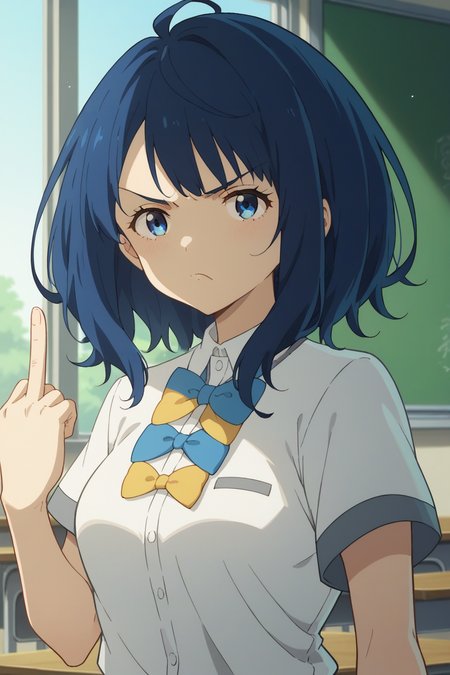 score_9, score_8_up, score_7_up, source_anime, 1girl, prefect lighting, very aesthetic, intricate details, highly detailed background, masterpiece, high quality, prefect hands, best quality, solo,
<lora:Anna_Yanami_Too_Many_Losing_Heroines_V1:.85>, KJOanna, blue hair, blue eyes, medium hair,
school uniform, short sleeves, bow,
upper body, angry, pout, middle finger, 
School, classroom, window, sunny,
(Beautiful, medium Breasts:1.2), natural breasts,