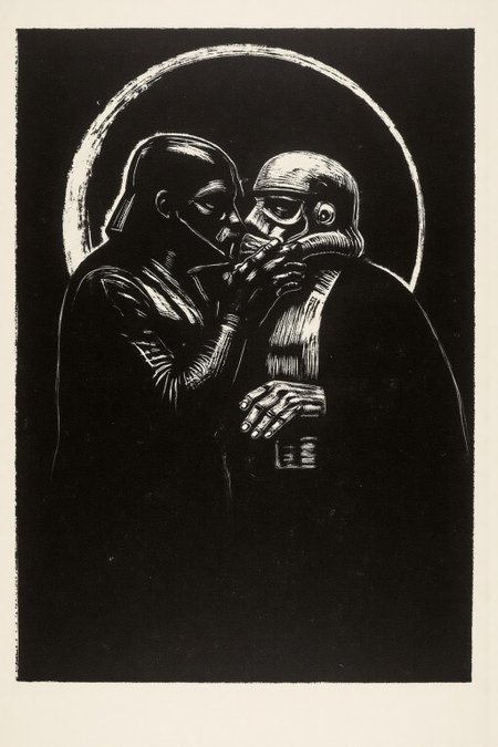 kako1 black and white woodcut print. Darth Vader and a Stormtrooper Kissing under a crescent moon. <lora:kako3_woodcut_cap_d6a3e11:1.0><lora:817676703024519396:0>