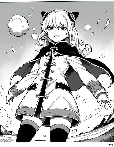 score_9, score_8_up, score_7_up, source_anime, <lora:ashe-talton-manga-ponyxl-lora-nochekaiser:1>, rengoku ashe, long hair, greyscale, monochrome,, thighhighs, long sleeves, capelet, cape, dress, white dress,, snow day, winter clothes, snowball fight, laughter, cold breath, white landscape, smile, looking at viewer, solo,, cowboy shot, dutch angle