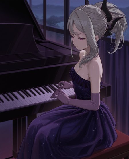 <lora:naruto05:1> naruto05,
(masterpiece), (best quality), (ultra-detailed), amazing quality, very aesthetic, illustration, perfect composition, intricate details, absurdres, incredibly absurdres, shiny skin, realistic,
 naruto05, piano, solo, dress, gloves, elbow gloves, 1girl, official alternate costume, horns, purple dress, necklace, instrument, purple eyes, grand piano, strapless dress, demon horns, jewelry, strapless, purple gloves, long hair, official alternate hairstyle, grey hair, closed mouth, black horns, playing instrument, multiple horns, book, general