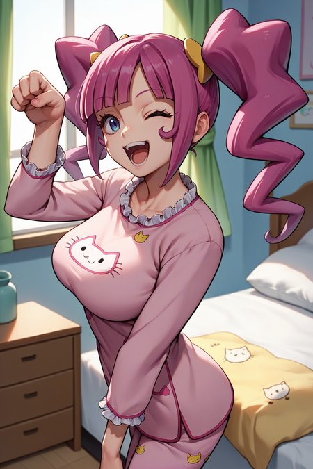 score_9, score_8_up, score_7_up, score_6_up, source_anime, 1girl, solo,  <lora:mihoshi-pdxl-nvwls-v1-000005:0.9> kirara, twintails, pink hair, hair ornament, big breasts, cat print pajamas, pajamas, paw pose, looking at you, wink, happy, open mouth, from side, bedroom, indoors, bed