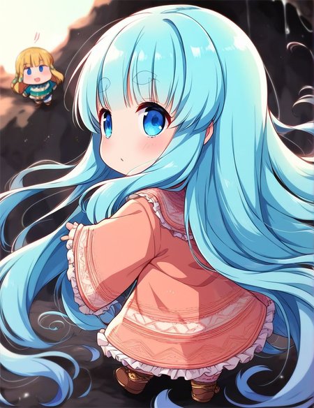 score_9, score_8_up, score_7_up, source_anime, rating_explicit, BREAK  <lora:Runemaster_XL:1>
runemaster, long hair, blue eyes,  bangs, very long hair, aqua hair, thick eyebrows, blue hair, chibi,　looking to the side,From Behind,
cave,