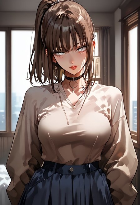 score_9, score_8_up, score_7_up, score_6_up, 1girl, micchan, mature women, older women, medium hair, side-swepped bangs, brown hair, ponytail, grey eyes,  medium breasts, pale skin, solo, alone, pullover, skirt, stockings