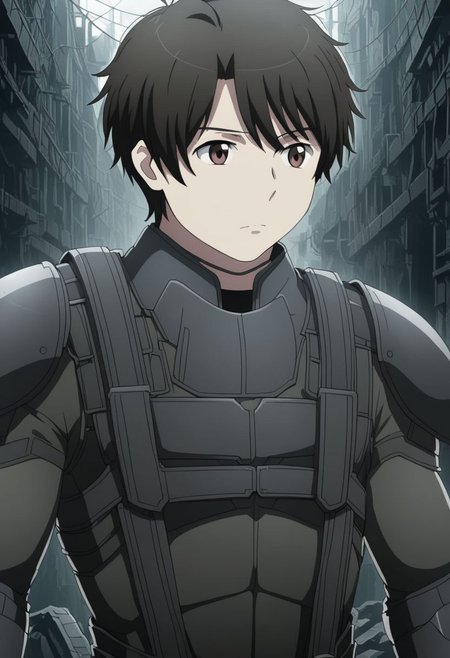 high resolution, solo, best quality, 1Boy, Inaho Kaizuka, Black Hair, Brown Eyes, dystopia, serious looking, armor, fantasy, OverallDetail
