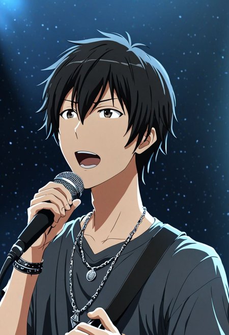 high resolution, solo, best quality, 1Boy, Kanie Seiya, Black Hair, singing, portrait, dept of field, virtual concert, playing musical instrument, necklace, bracelet, sneakers, OverallDetail