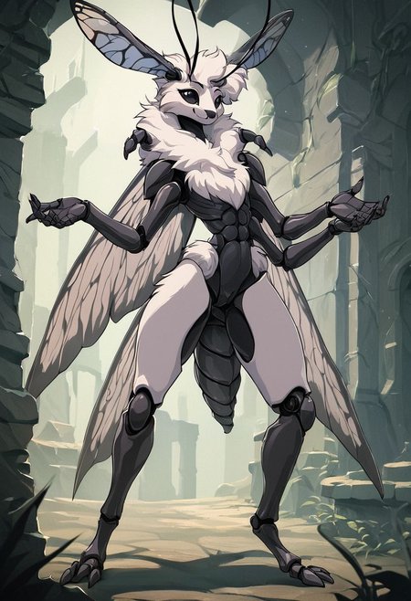 score_9, score_8_up, score_7_up, score_6_up, score_5_up, score_4_up, 
source_furry, rating_explicit, 
solo, female, 
brown and white body, fur, grey fur, fluffy, furred body,
short hair, white hair,
anthro, 
arthropod, insect, arthropod abdomen, black eyes, exoskeleton, joints
moth, lepidopteran, lepidopteran wings,
4 wings, multi wing, wings, 
2 antennae, antennae anatomy,
2 toes, toes, feet, digitigrade,
4 arms, 5 fingers, fingers, multi arm, 
smile, pose,
 ruins,
detailed background, digital art, hi res, detailed, fantasy art,
Vintage, 1990s \(style\), 90s4n1m3, retro artstyle