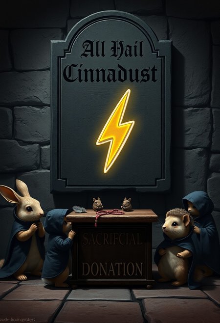 In a darkly whimsical, hyper-realistic image, a group of adorable little animals, including a rabbit, a squirrel, and a hedgehog, stand around a mysterious altar, clad in tiny, dark hooded robes that seem to swallow their tiny bodies. The altar itself bears the ominous inscription "Sacrificial Donation" on its front, in bold, gothic letters. Atop the altar, a large, glowing thunderbolt sticker seems to pulsate with an otherworldly energy, casting an eerie glow over the surrounding animals. The animals' eyes gleam with an unsettling intensity as they gaze up at the sticker, their tiny paws clasped together in a gesture of dark devotion. Behind the altar, a large stone plaque is embedded into the wall, bearing the ominous inscription "All Hail Cinnadust" in bold, gothic letters. The plaque seems to loom over the animals, casting a long, ominous shadow that stretches across the floor. The overall effect is one of eerie, cult-like devotion, as if the animals are engaged in a dark and sinister ritual. Highest-Quality, 4k, intricate details, visually stunning, Masterpiece