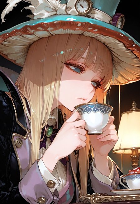 masterpiece, best quality, good quality, newest, highres, absurdres, volumetric lighting,gradient color,
BREAK 
raytracing, volumetric lighting, ambient occlusion, girl, background, masterpiece, best quality, very awa, absurdres, model style, 
BREAK
Mad Hatter, mushroom hat, teacup, suit
BREAK
masterpiece,amazing quality,best quality,ultra-detailed,8K,illustration,CG,shiny hair,clear skin,ultra-detailed-eyes, background,cute girl, eyelashes