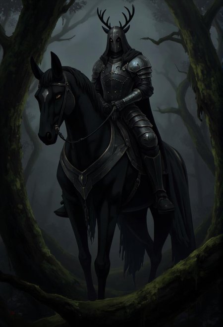 <lora:ck-LttleGhost-000011.safetensors:1> in the style of ck-lttlegh0stA mysterious warrior in medieval armor sits atop a majestic black horse within a dark and foreboding forest. The rider's features are obscured by an antlered hood, while the horse's presence is juxtaposed against the eerie atmosphere. A fusion of fantasy and realism is achieved through the intricate detail, blending an enigmatic aura with the grounded strength of the horse amidst moss-covered foliage.