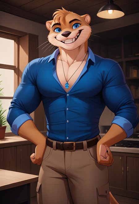 score_9, score_8_up, score_7_up, score_6_up, score_5_up, score_4_up, source_anime, source_furry, zPDXL3, furry_diffusion, <lora:OscarPXL-05:0.7>, OscarVioletMemoir, short hair, blue eyes, otter boy, whiskers, furry male, masterpiece, unparalleled masterpiece, best quality, high quality, intricate details, beautiful vibrant colors, (soft shading), photorealistic, cinematic lighting, colorful lighting, gradient, hi res, solo, looking at viewer, smile, teeth, detailed background, inside, indoors,  cowboy shot, muscular male, bara, pectorals, large pectorals, brown pants, belt, blue shirt, jewelry, necklace, collared shirt, partially unbuttoned, sleeves, sleeves rolled up, pectoral cleavage, hands on hips, close up, pectoral focus