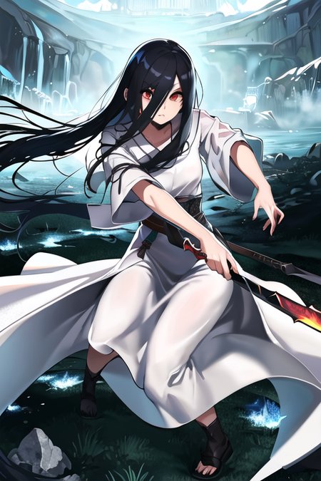 ((masterpiece)),(best quality), absurdres,sadako_yamamura,red eyes, white dress,<lora:Sadakobest:0.8>,  <lora:attackingConcept_18:0.6>,detailed solo character holding weapon, detailed face, attack action, using weapon, intricate design, sharp focus, fantasy clothing,
