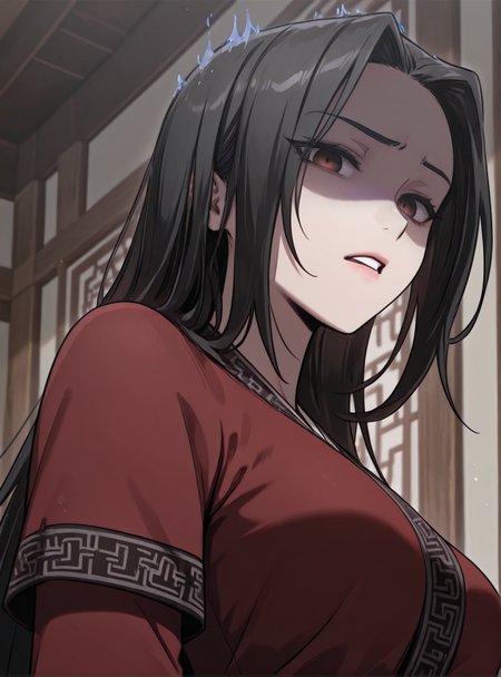 HDR,masterpiece, absurdres, newest, highres, very aesthetic, detailed eyes, fit body, godrays, ambient occlusion, soft lighting, highest quality, (volumetric lighiting:1.1), realistic skin, low lighting, trending on artstation, gothic,
adult, LGSPX, (anime screencap:1.3), anime screencap, Gu Huibi, black hair, long hair, dark red eyes, mature female,
BREAK
upper body, from below, from side, (disgust:1.1), (looking at viewer:1.5), gloom \(expression\), (shaded face:1.45), (open mouth:0.8), parted lips, looking down, BREAK, aesthetic, wallpaper
<lora:princess_xl_v2:0.6> <lora:add-detail-xl:0.25>  <lora:30_LOL:0.6>  <lora:g0th1cPXL:0.4>  <lora:Gu_Huibi-000091:0.7>
