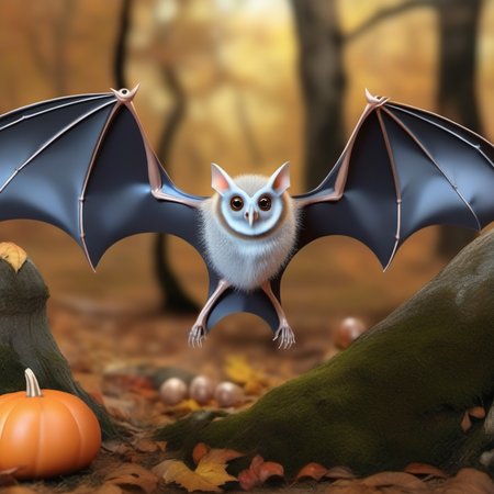 photorealistic, concept art, fantasy, three crystal bats01 elves, face enhanced, one owl, in fall Halloween woodland glade with mushrooms,   in the style of <lora:bats01-xl:1>