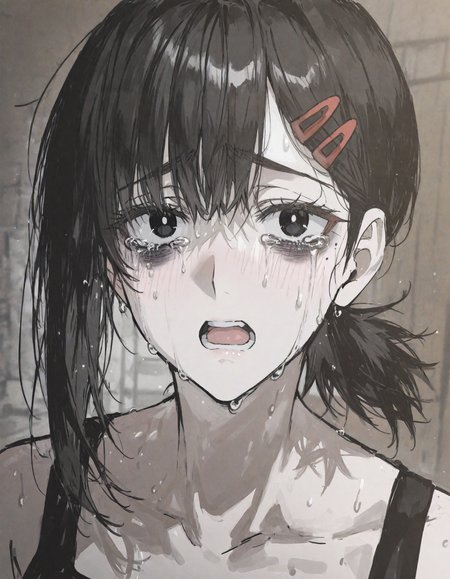 ken \(shutenndouji1\),(remsrar:1.1),lineart,taira yuuki,(tama launcher),sketch,
higashiyama kobeni,
1girl, :o, bags under eyes, black eyes, black hair, crying, hairpin, mole, mole under eye, multiple hairpins, portrait, single sidelock, sweat, sweatdrop
<lora:KonyaKarasue:0.4>,konya karasue,<lora:96YOTTEA-WAI:0.4>,<lora:spo_sdxl_10ep_4k-data_lora_webui:0.6>,