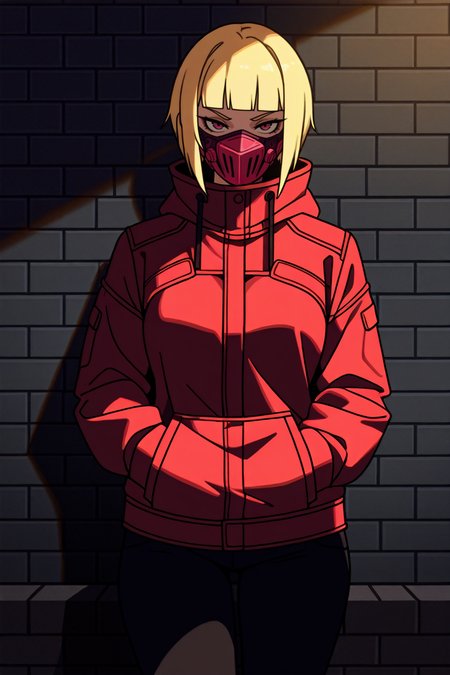 masterpiece, best quality, absurdres,
<lora:ILERKiwi:0.8>
ERKiwi, 1girl, blonde hair, short hair, blunt bangs, mask, looking at viewer, leaning against a brick wall, hands in jacket pockets, urban alleyway with graffiti art, moody lighting with shadows, edgy and modern vibe