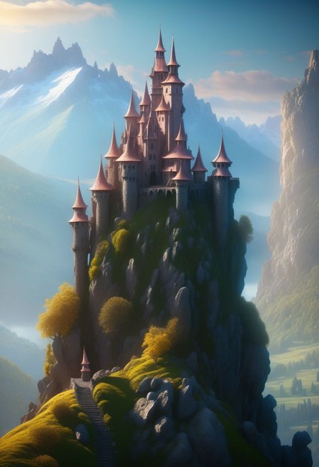 8K,  fairy tale castle on a (rock spire), mountain on background
