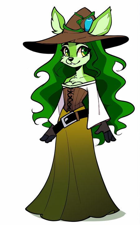 score_9, score_8_up, score_7_up,((best quality)), absurdres, ((full body)), <lora:BolivanteStyle:0.8>,   <lora:SSWPXL:0.8>,SSWPXL,long hair, skirt,dress, animal ears, cleavage, green eyes, green hair, belt, wide sleeves, leaf,furry, long skirt, furry female, brown headwear, witch hat, ears through headwear, green fur, animal nose, corset, bare shoulders, white background, long sleeves ,wavy hair,gloves, fingerless gloves,