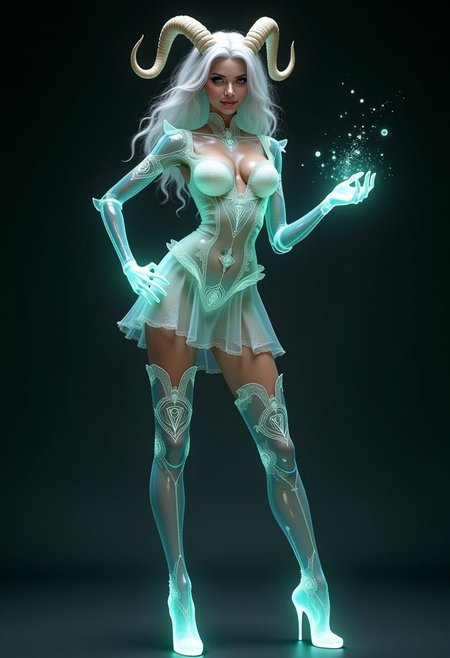 "A made of glass woman, translucent skin, seductive stand   Queen golem in dress and Thigh high boots,  marked with glowing arcane symbols. Her expression is both mischievous and alluring, with a slight smile and piercing eyes. Goat horns frame her face,  white curly hair, and faint magical sparks float around her, hinting at her restrained power. , displaying a mix of curiosity and quiet defiance, suggesting she’s pondering an escape."